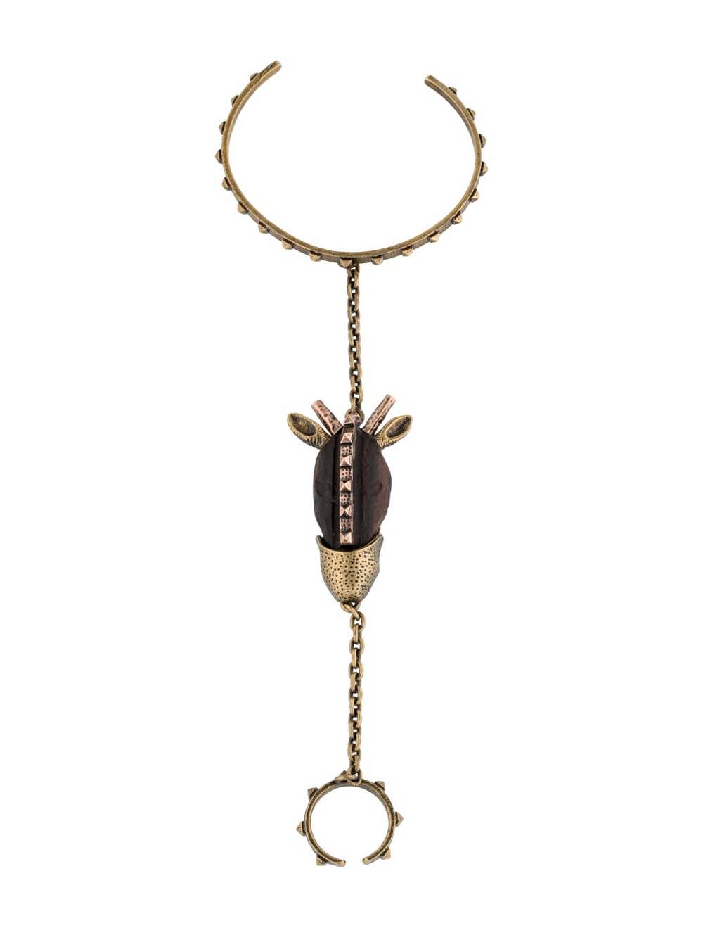 Valentino Rockstud Brass and Wood Giraffe Cuff w Ring
